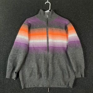 King Deer 100% Cashmere Striped Full Zip Mock Neck Sweater Women M